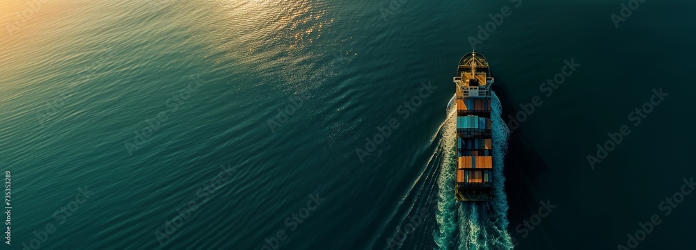 A cargo ship laden with colorful containers cuts through calm sea waters, leaving a frothy trail in the golden hour light