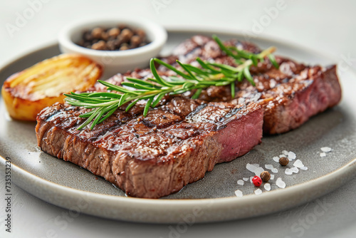 Grilled beef steak, medium rare, on a plate, close-up.