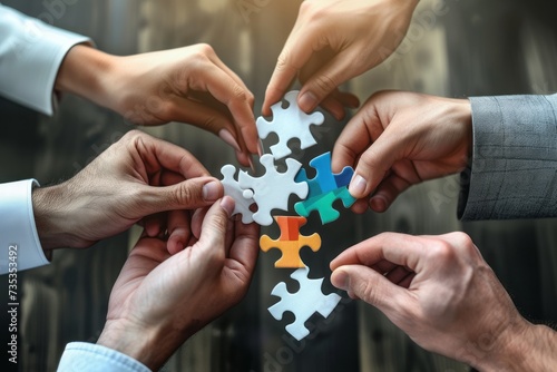 Group of business workers with hands together connecting pieces of puzzle.