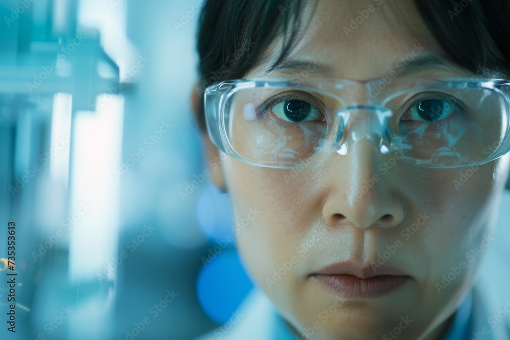 A woman's face, framed by transparent safety glasses, shows determination and care for her vision indoors A woman's face, framed by transparent safety glasses, shows determination and care for her vision indoors