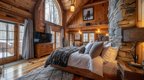 Experience the magic of a winter retreat in this beautifully crafted alpine chalet featuring a steep roof wooden accents and a warm and inviting atmosphere.