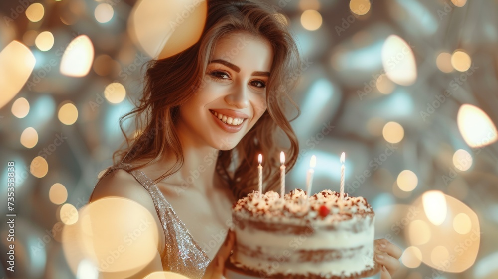 Portrait of a young beautiful girl wearing cone cap holding a red plate with birthday cake with candles in the light decorated room Portrait of a young beautiful girl wearing cone cap holding a red plate with birthday cake with candles in the light decorated room