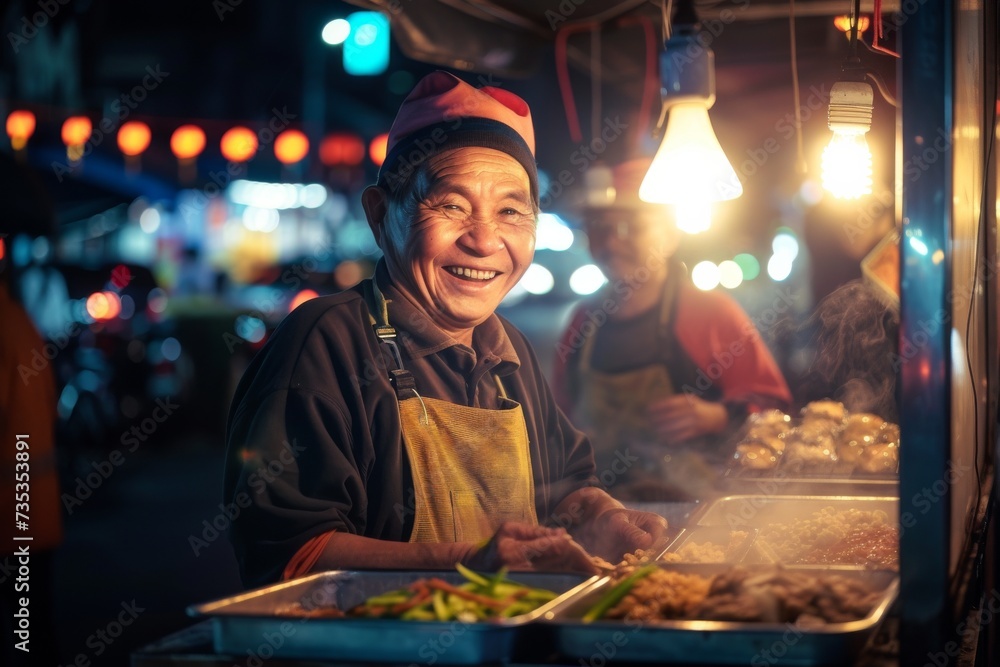 A contented man in casual attire enjoys a late-night snack from a bustling street food stand, his smiling face illuminated by the colorful outdoor lights