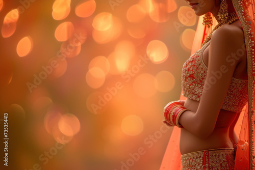  Indian Bride in Embellished Lehenga with Intricate Henna and Jewelry Against a Festive Bokeh Background