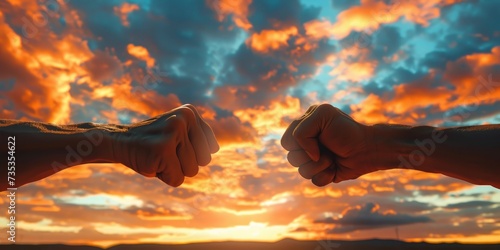 Clash of Determination. Two Fists Collide Against a Dramatic Sky, Symbolizing the Spirit of Conflict and Resolution. photo