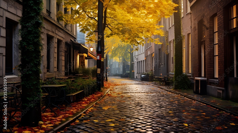 Cobblestone Street Shimmering with Fallen Leaves