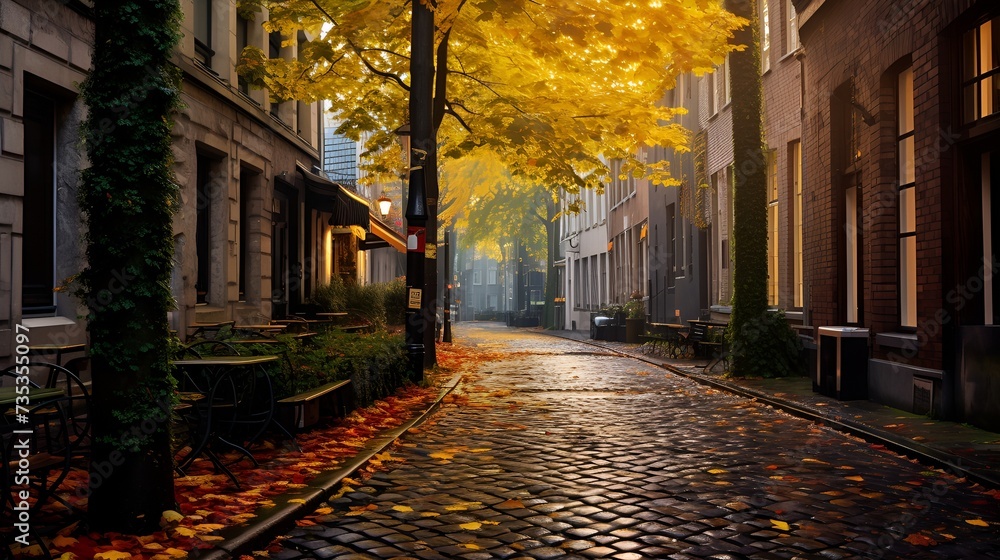 Fototapeta premium Cobblestone Street Shimmering with Fallen Leaves