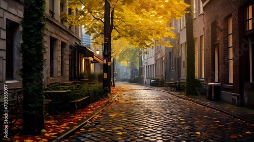 Cobblestone Street Shimmering with Fallen Leaves © Sumuditha