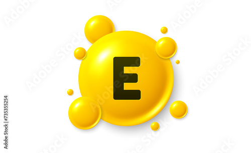 Vitamin E shining pill capsule icon. Shining golden substance drop. Meds ads. Medical nutrition for health. Pharmacy healthcare supplements. Vitamin E medicine. Vector illustration.
