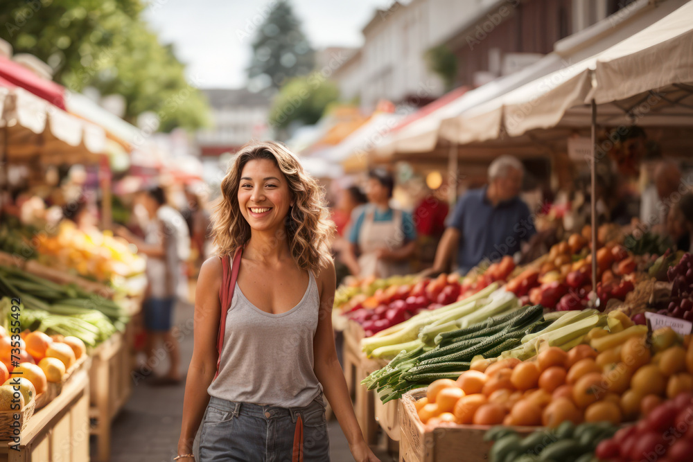 A young woman shopping at the open air fruits and vegetables market place