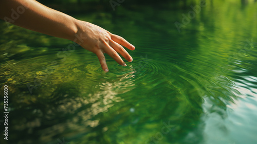 Mão de uma mulher segurando uma gota de água em um fundo de água verde