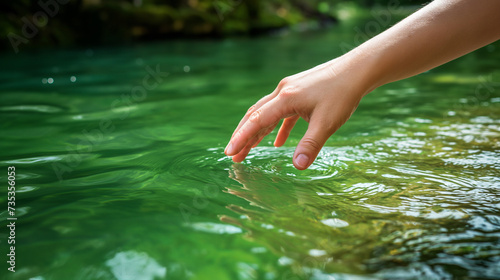 Mão de uma mulher segurando uma gota de água em um fundo de água verde