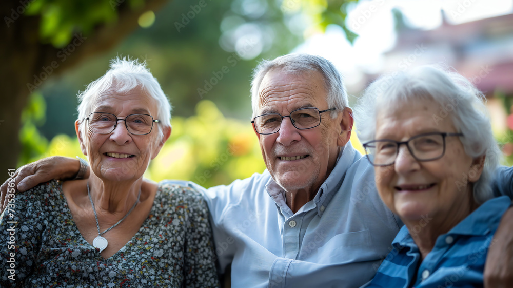 Three elderly people smiling together, representing family, aging, happiness, togetherness, and life stories. Three elderly people smiling together, representing family, aging, happiness, togetherness, and life stories.