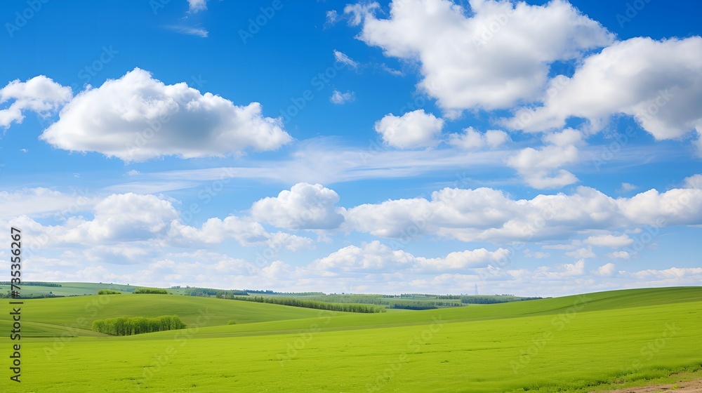 Tranquil Escape: Clear Blue Skies and Fluffy Clouds over the Countryside