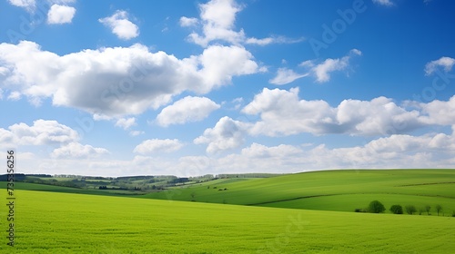 Tranquil Escape: Clear Blue Skies and Fluffy Clouds over the Countryside