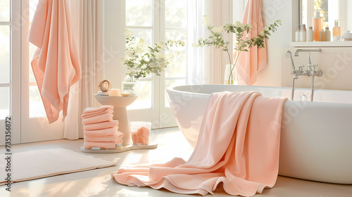 Modern bathroom bathed in the soft hues of  peach fuzz  Pantone color  minimalist decor  towels  bathrobes and accessories in complementary tones