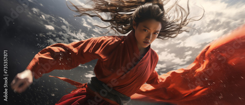 Dynamic Martial Arts Warrior Woman in Mid-Air Combat Against a Cloudy Sky