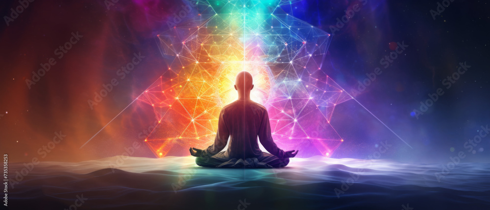 Silhouette Meditating in Lotus Position Against a Cosmic Backdrop of Interstellar Connections Silhouette Meditating in Lotus Position Against a Cosmic Backdrop of Interstellar Connections
