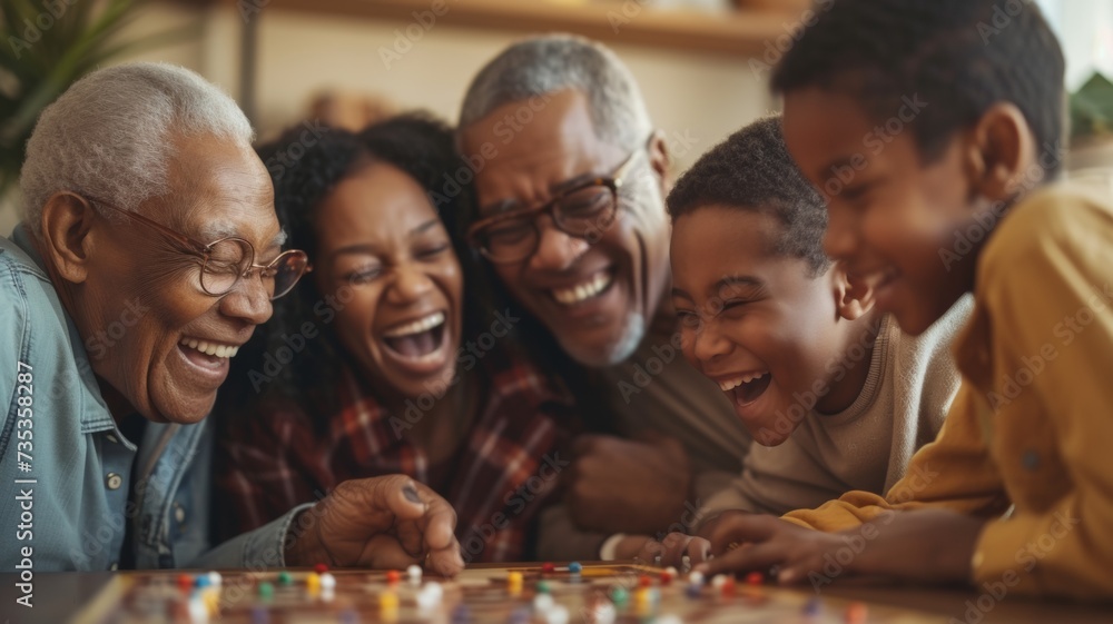 Fototapeta premium Family playing board game at home. Kids play strategic game. Little boy throwing dice. Fun indoor activity for summer vacation.