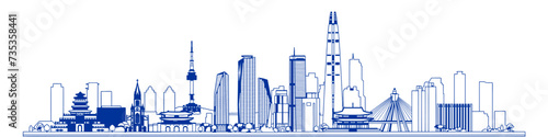 seoul city skyline, south korea landmarks vector illustration line art 
