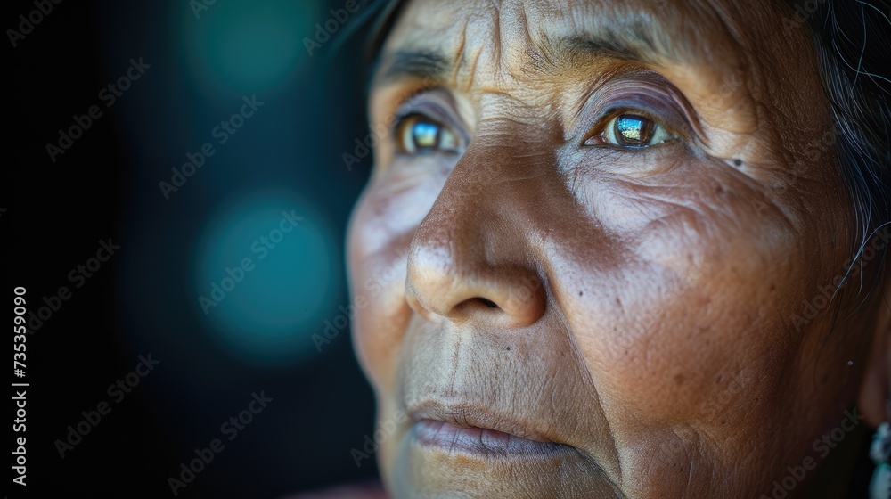 A woman of indigenous descent with a stoic expression her weathered face a reflection of the strength she has gained from surviving her trauma.