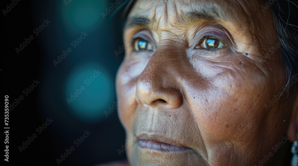 A woman of indigenous descent with a stoic expression her weathered face a reflection of the strength she has gained from surviving her trauma. A woman of indigenous descent with a stoic expression her weathered face a reflection of the strength she has gained from surviving her trauma.