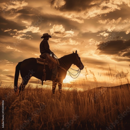 Silhouette of a cowboy on horseback against a striking sunset over the open field.