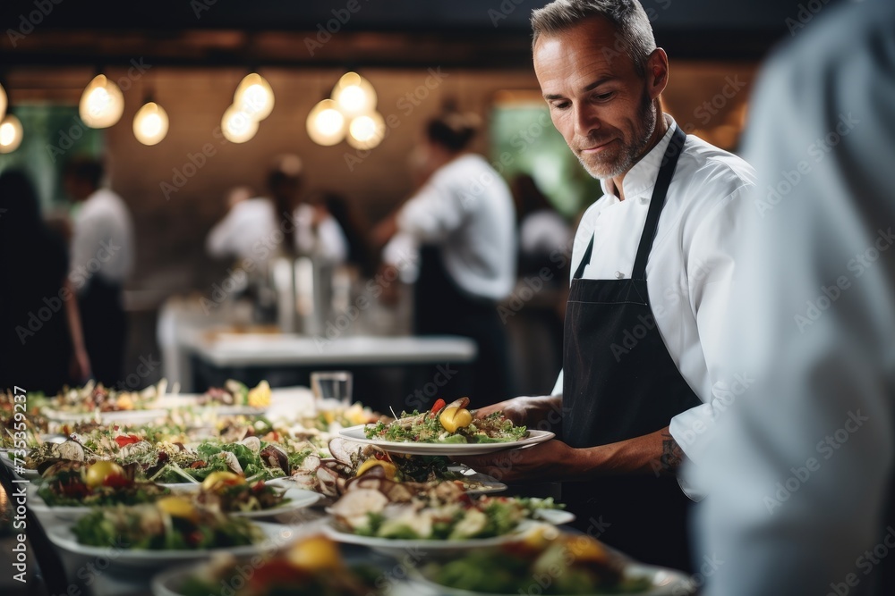A bustling catering event, with chefs preparing exquisite dishes in an open kitchen. Catering buffet food indoor in restaurant A bustling catering event, with chefs preparing exquisite dishes in an open kitchen. Catering buffet food indoor in restaurant