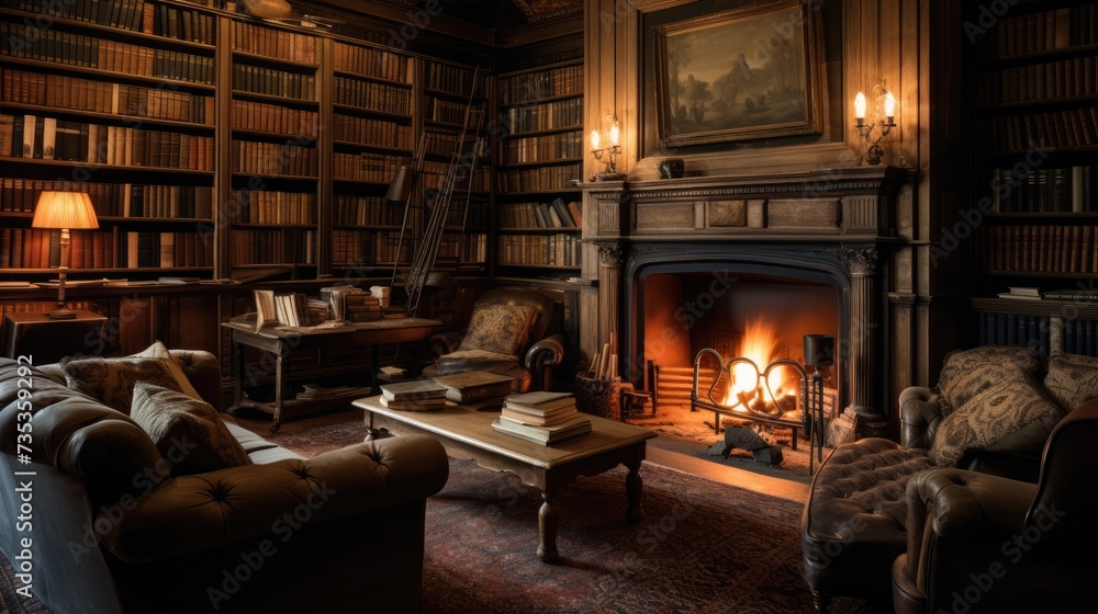 A cozy library with a fireplace and shelves of old books. A sense of nostalgia and intellectual calm. A cozy library with a fireplace and shelves of old books. A sense of nostalgia and intellectual calm.