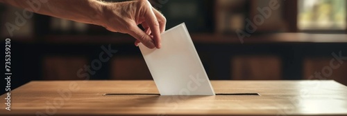 Close-up of a hand placing a voting ballot into a slot on a wooden box, concept of democracy