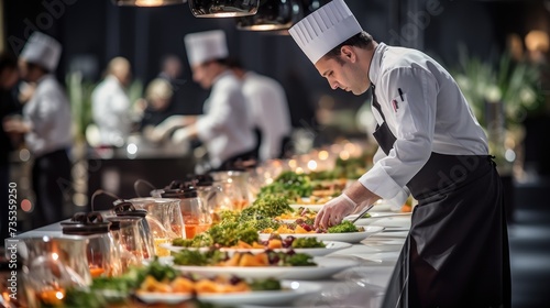 A bustling catering event, with chefs preparing exquisite dishes in an open kitchen. Catering buffet food indoor in restaurant photo