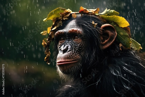 Chimpanzee in the rain and with leaves on his head as an umbrella