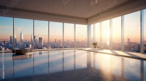 An empty room in a skyscraper and a view of the city in the morning. Beautiful, expensive property with a view. © Lubos Chlubny