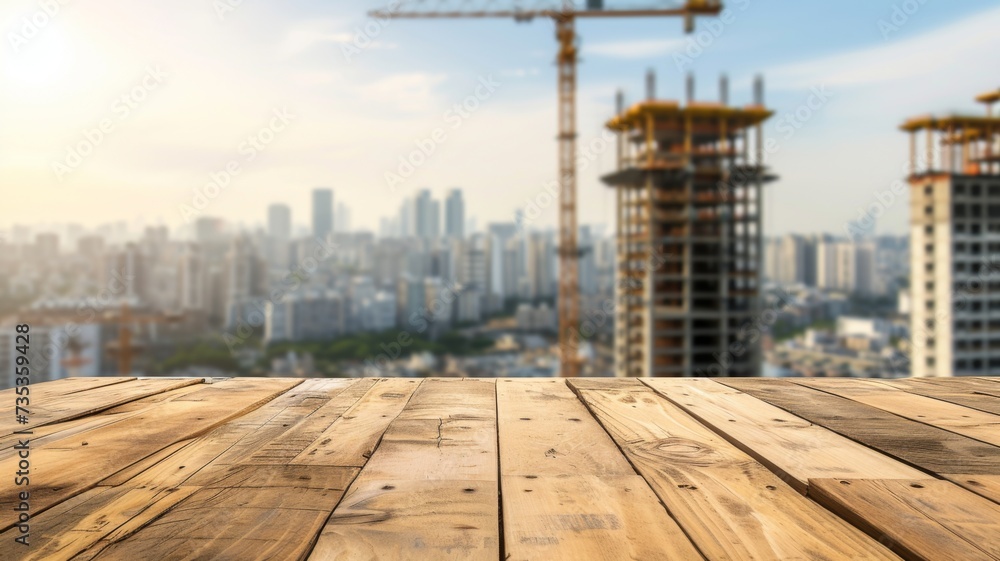 Clear morning view of an urban skyline with construction, foreground featuring a wooden texture