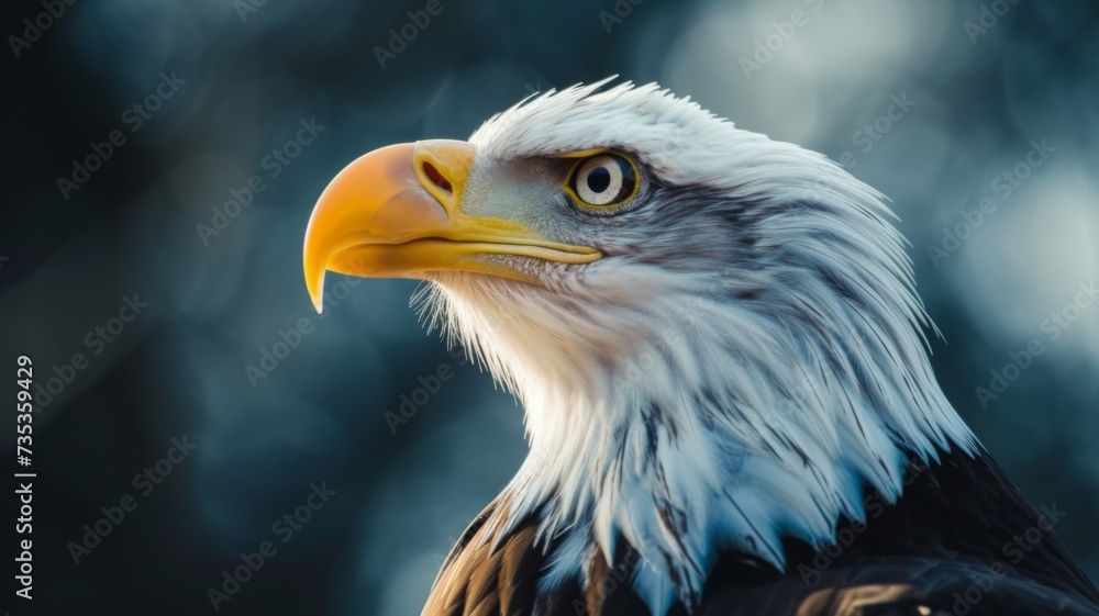 Close-up of a bald eagle's head with a sharp gaze and a blurred background Close-up of a bald eagle's head with a sharp gaze and a blurred background