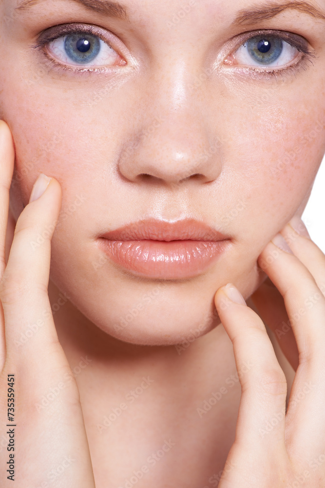Portrait, woman and skincare with confidence in studio, skin and hands with natural wellness for selfcare and beauty. Cosmetics, care and routine for hygiene with nourish, treatment and glow Portrait, woman and skincare with confidence in studio, skin and hands with natural wellness for selfcare and beauty. Cosmetics, care and routine for hygiene with nourish, treatment and glow