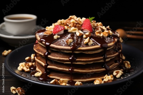 Delicious chocolate pancakes decorated with nuts