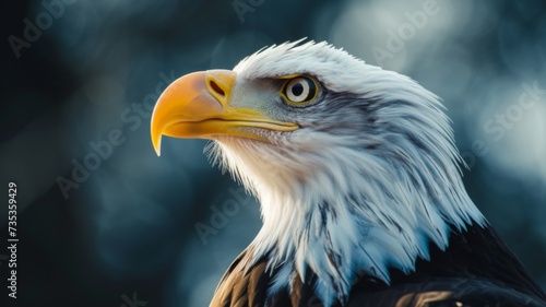 Close-up of a bald eagle's head with a sharp gaze and a blurred background