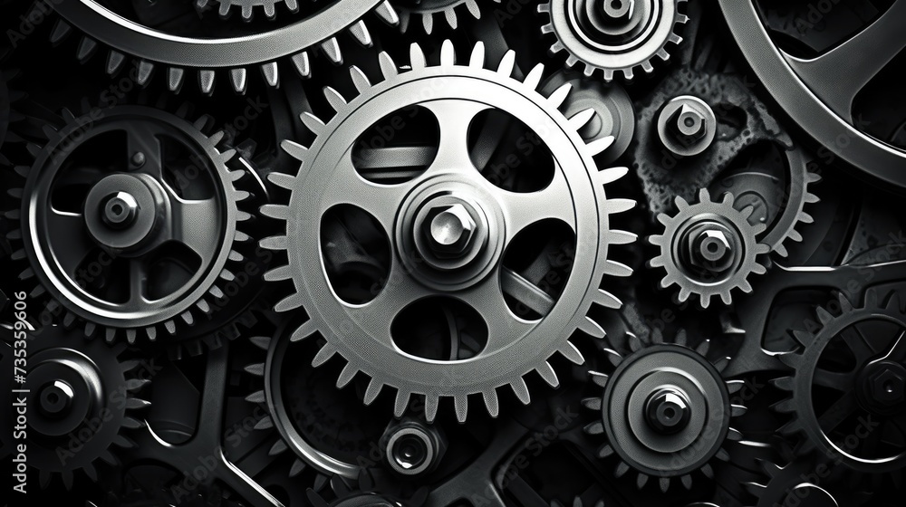 Retro black and white background of industrial cogs or gears with movement Retro black and white background of industrial cogs or gears with movement