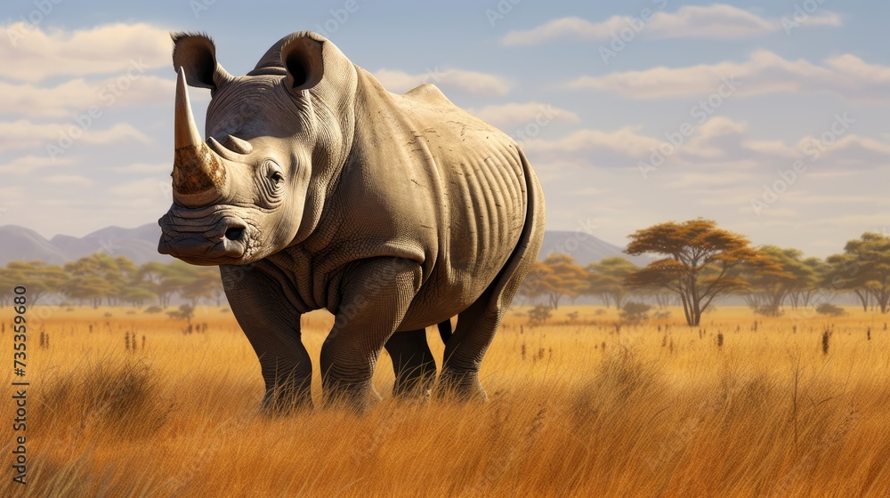 Fototapeta premium White rhinoceros grazing in a grass field.