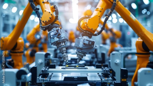 Robotic arms with fine precision tools assembling electronic components on a clean and modern production line