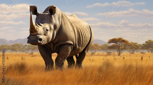 White rhinoceros grazing in a grass field. © Lubos Chlubny