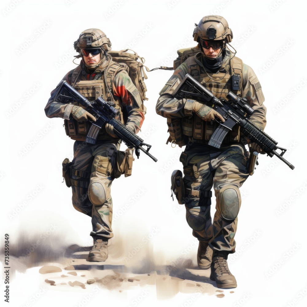 Illustration of two soldiers in desert camouflage gear marching with rifles in a dusty environment Illustration of two soldiers in desert camouflage gear marching with rifles in a dusty environment