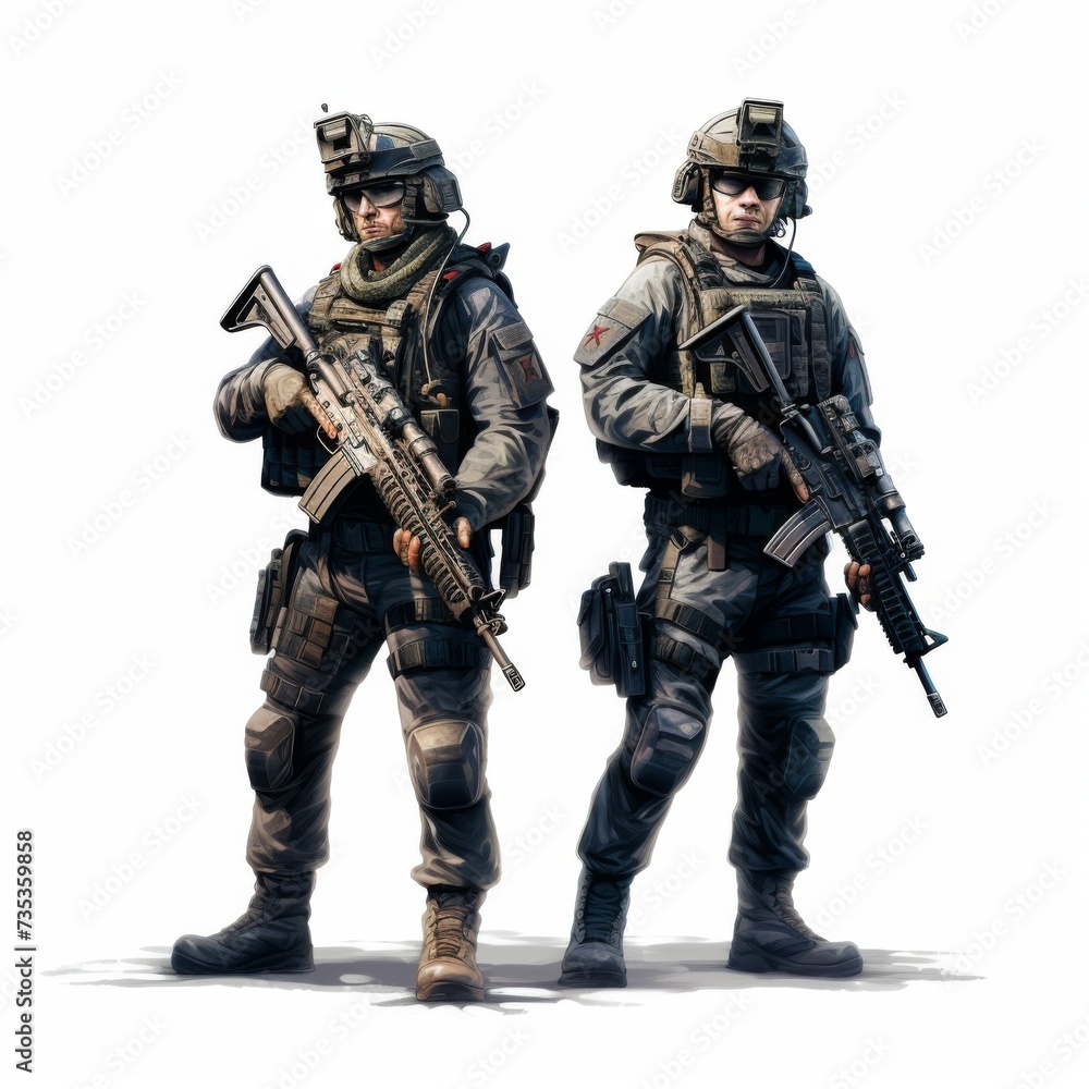 Illustrated soldiers in full combat gear with advanced weaponry and tactical equipment on a white background Illustrated soldiers in full combat gear with advanced weaponry and tactical equipment on a white background