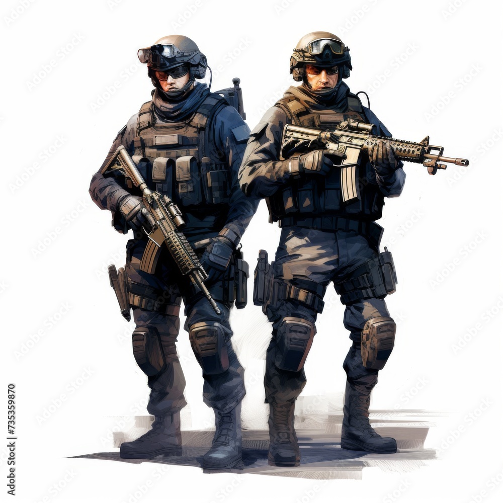 Artistic representation of two special forces operatives in combat uniforms with assault rifles Artistic representation of two special forces operatives in combat uniforms with assault rifles