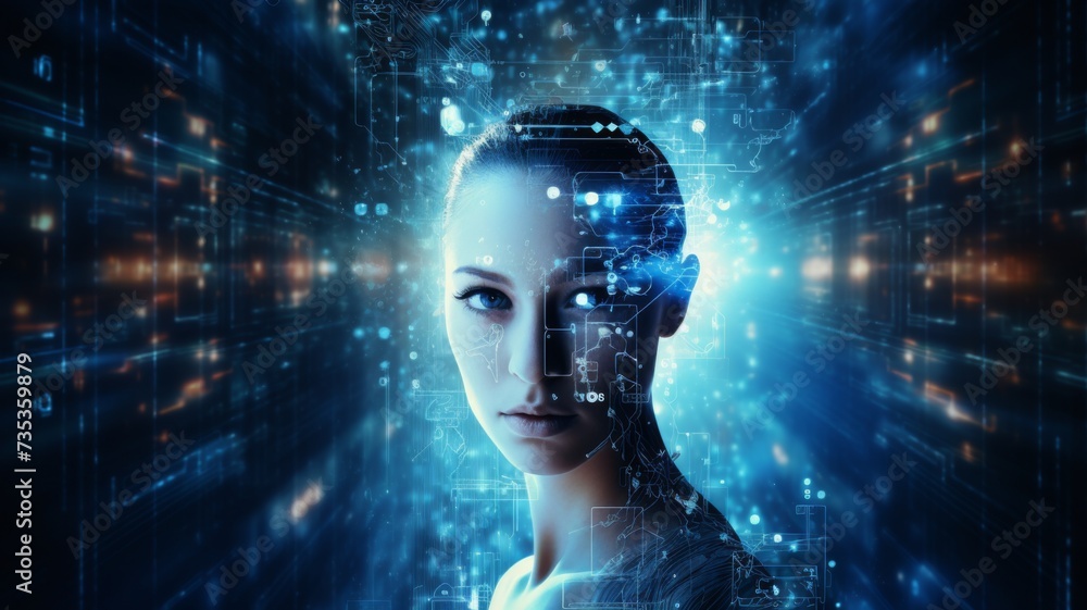 A woman's profile intertwined with a complex digital network representing AI and data exchange A woman's profile intertwined with a complex digital network representing AI and data exchange