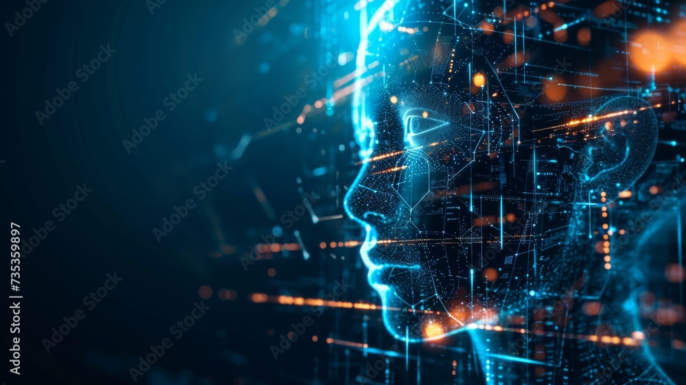 A human profile with cybernetic enhancements and a glowing digital interface overlay A human profile with cybernetic enhancements and a glowing digital interface overlay
