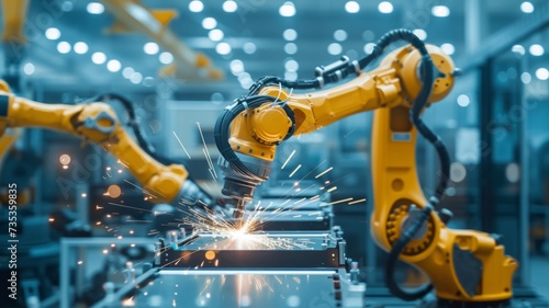 Robotic arm performing precision welding on a metal assembly in an industrial setting with sparks flying