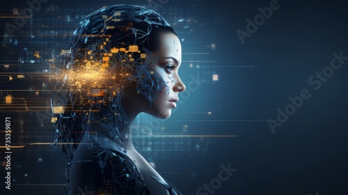 Futuristic digital art of a woman s silhouette with a fragmented effect and data stream background
