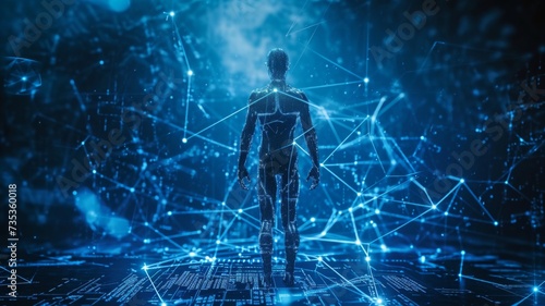 Silhouette of a humanoid figure standing amidst swirling data streams and network connections in a digital space photo